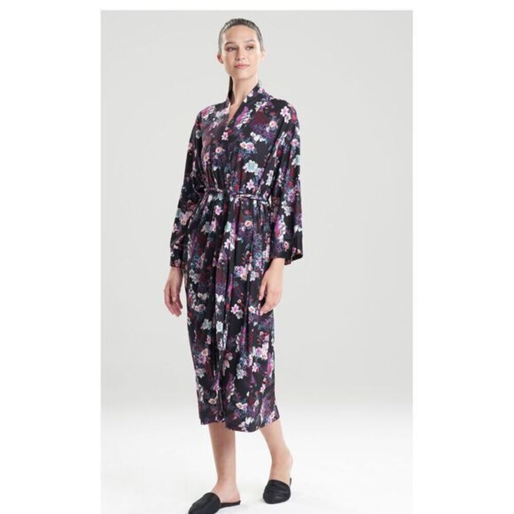 N by Natori Medium NWT Soft dark romantic black floral Robe Gift pockets lounge